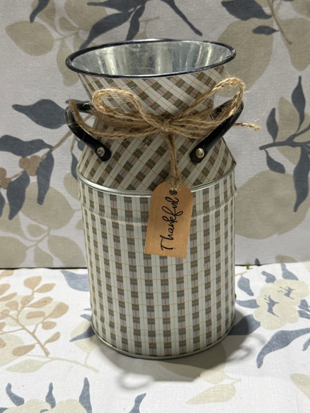 Plaid Decorative Metal Milk Can with 'Thankful' Tag